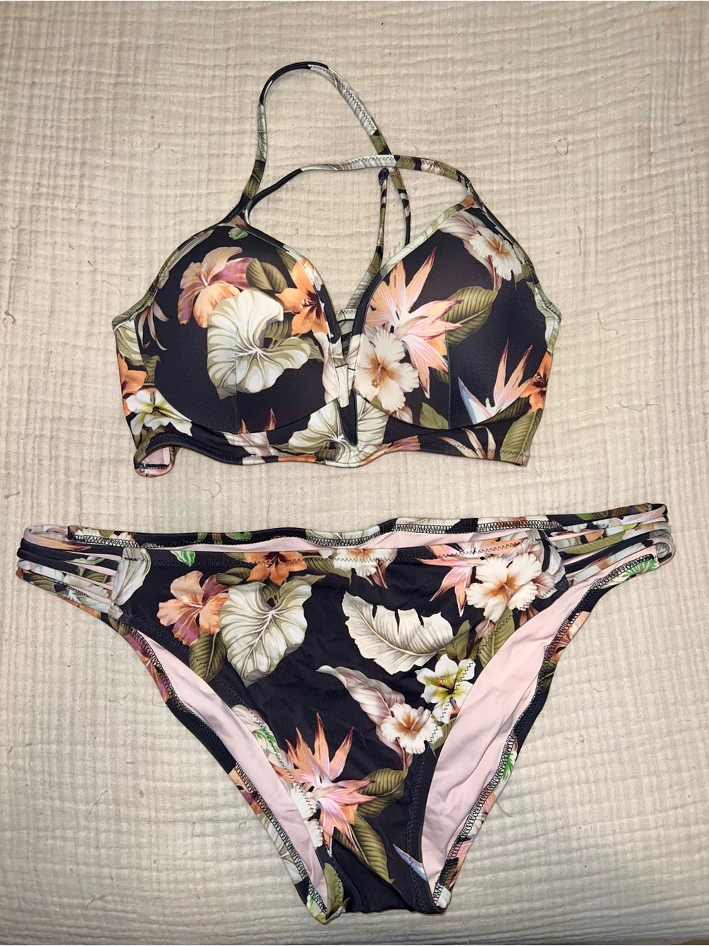 Chocolate Brown Floral Bikini Set with Peach & Green Accents